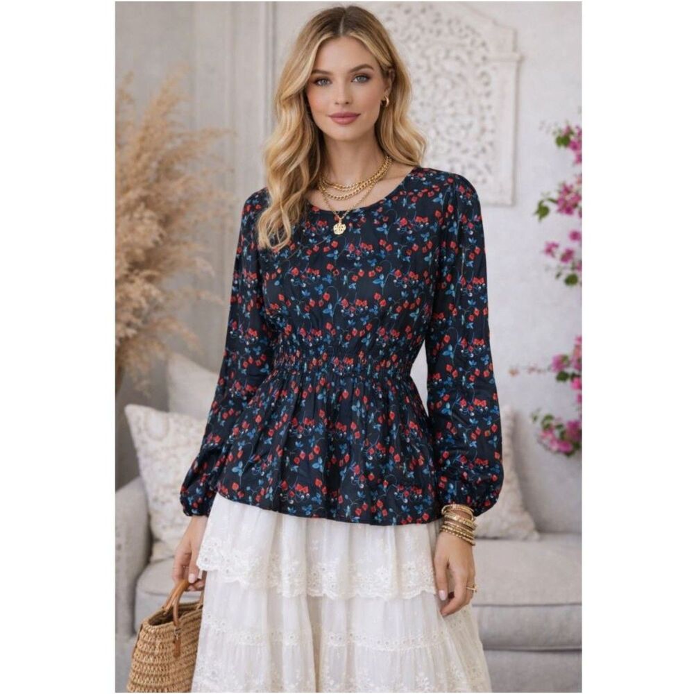 J. Crew Liberty Strawberry Peplum Shirt‎ Size 2 Cinched Waist Whimsy Cottagecore